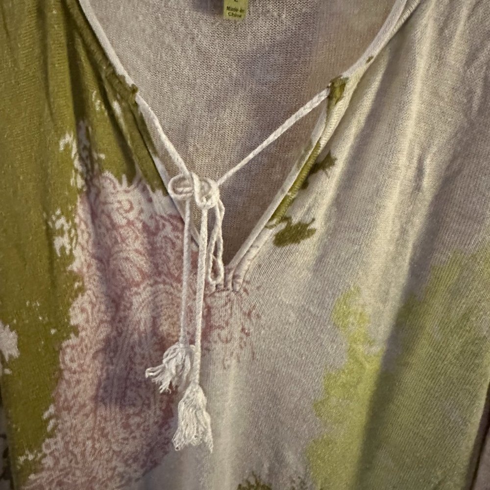 SIGRID OLSEN  KNIT TUNIC TOP WITH Drawstring Neckline Floral Print size LARGE